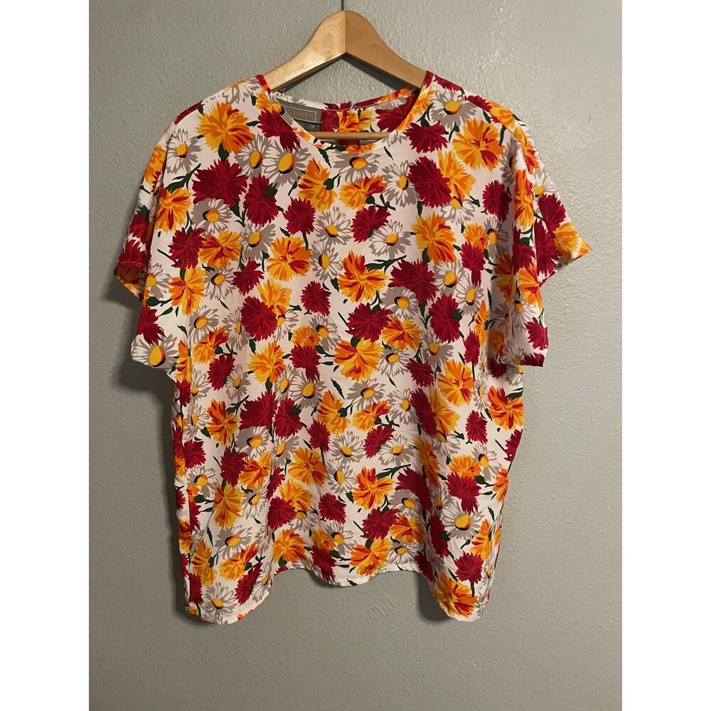 VTG Liz Baker Essentials Top Womens 1X Multicolor Daisy Button Back Cottagecore